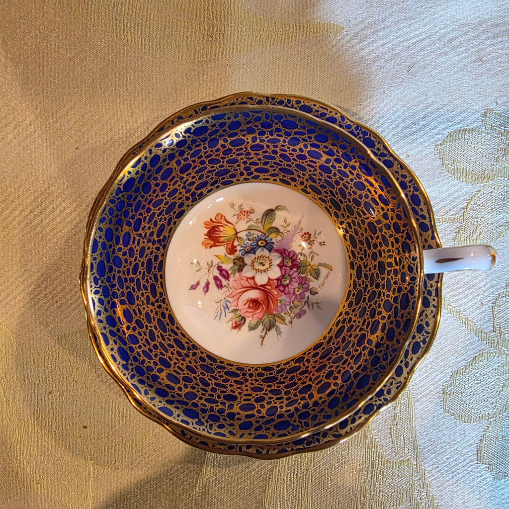 Vtg. Aynsley English Bone China cup & saucer - cobalt blue & heavy gold gilt filigree- floral interior