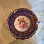 Vtg. Aynsley English Bone China cup & saucer - cobalt blue & heavy gold gilt filigree- floral interior