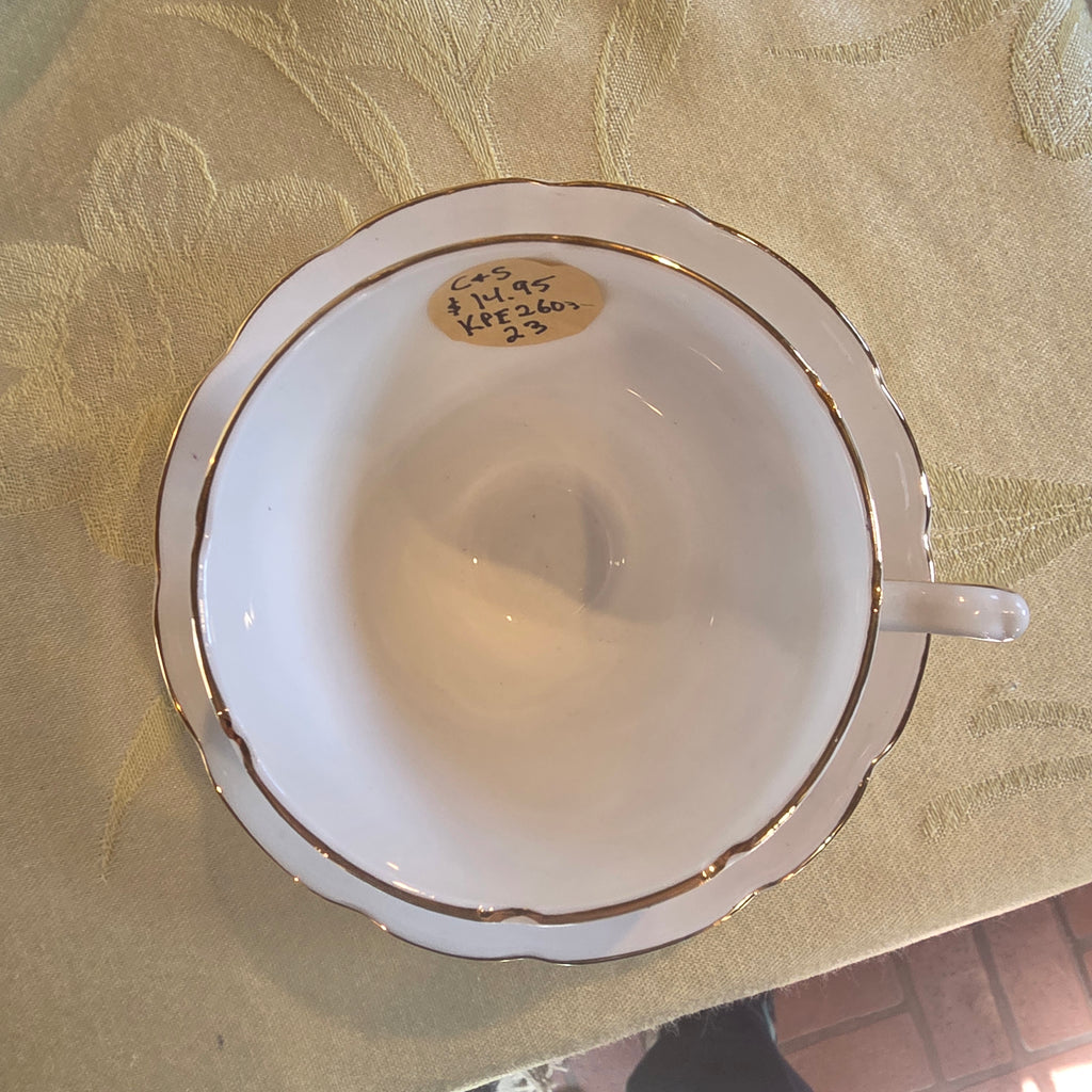 Vintage Royal Sutherland Bone China Teacup & Saucer Set | Staffordshire England Purple Violets Floral Gold Trim