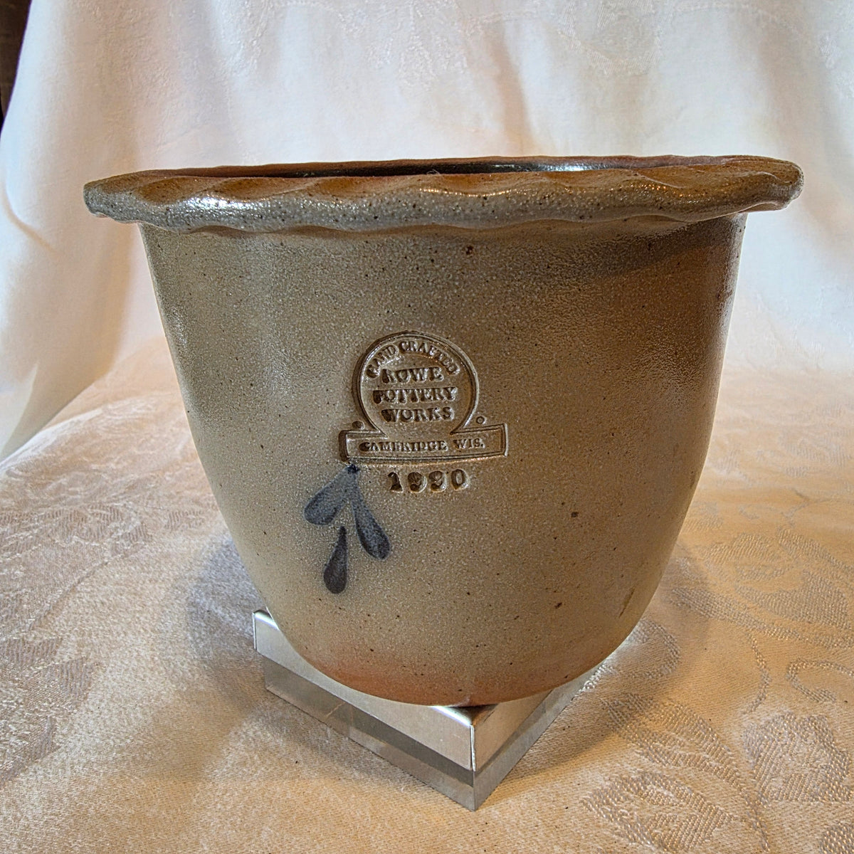 Rowe Pottery Works Salt Glaze Planter Flower Pot Vintage Stoneware Blue Floral
