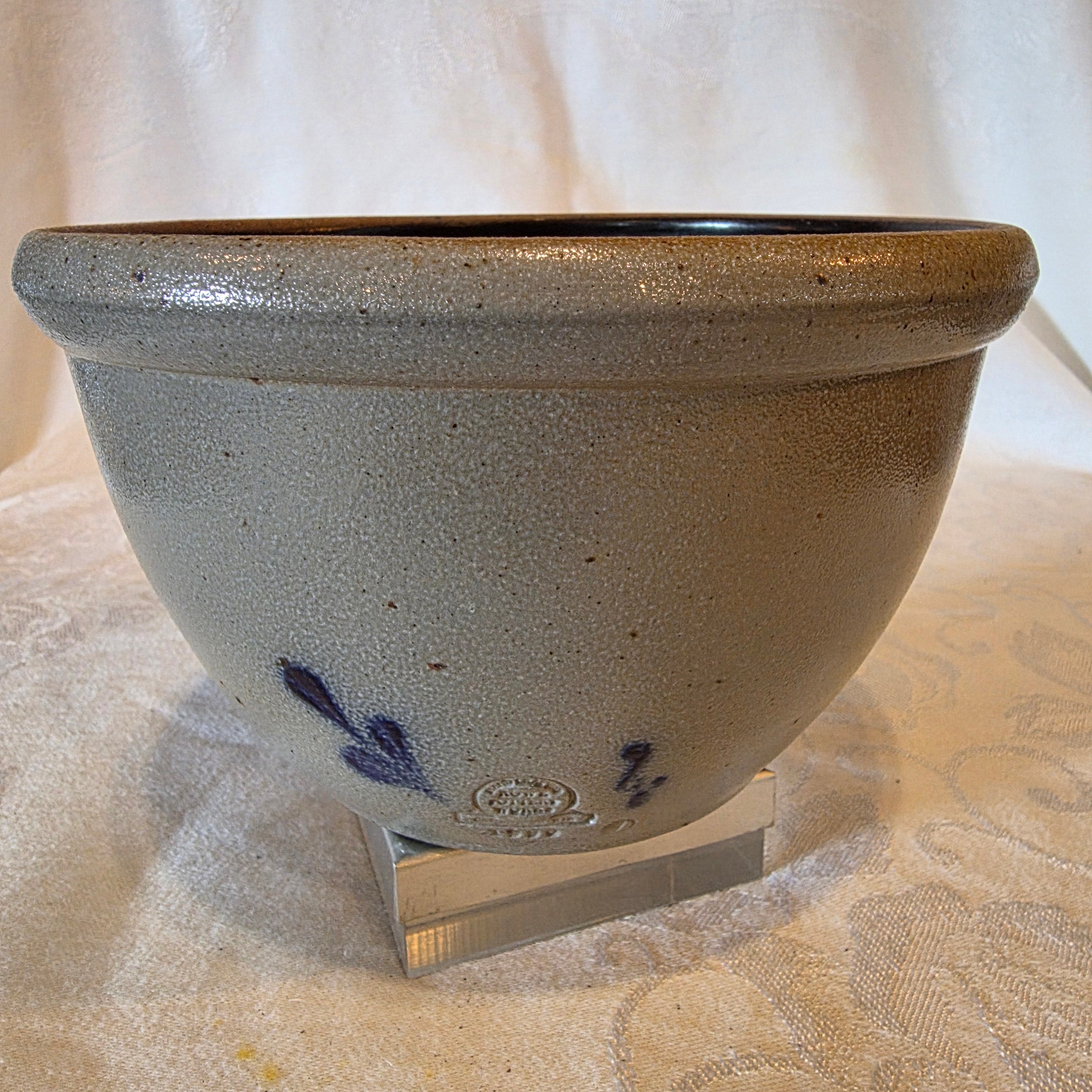 Rowe Pottery Works 1990 Salt Glaze Mixing Bowl 7" Blue Heart Vintage Stoneware