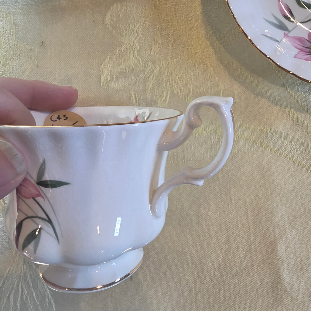 Vintage Royal Albert Bone China "Clematis" Pink Floral Footed Teacup & Saucer Set, England