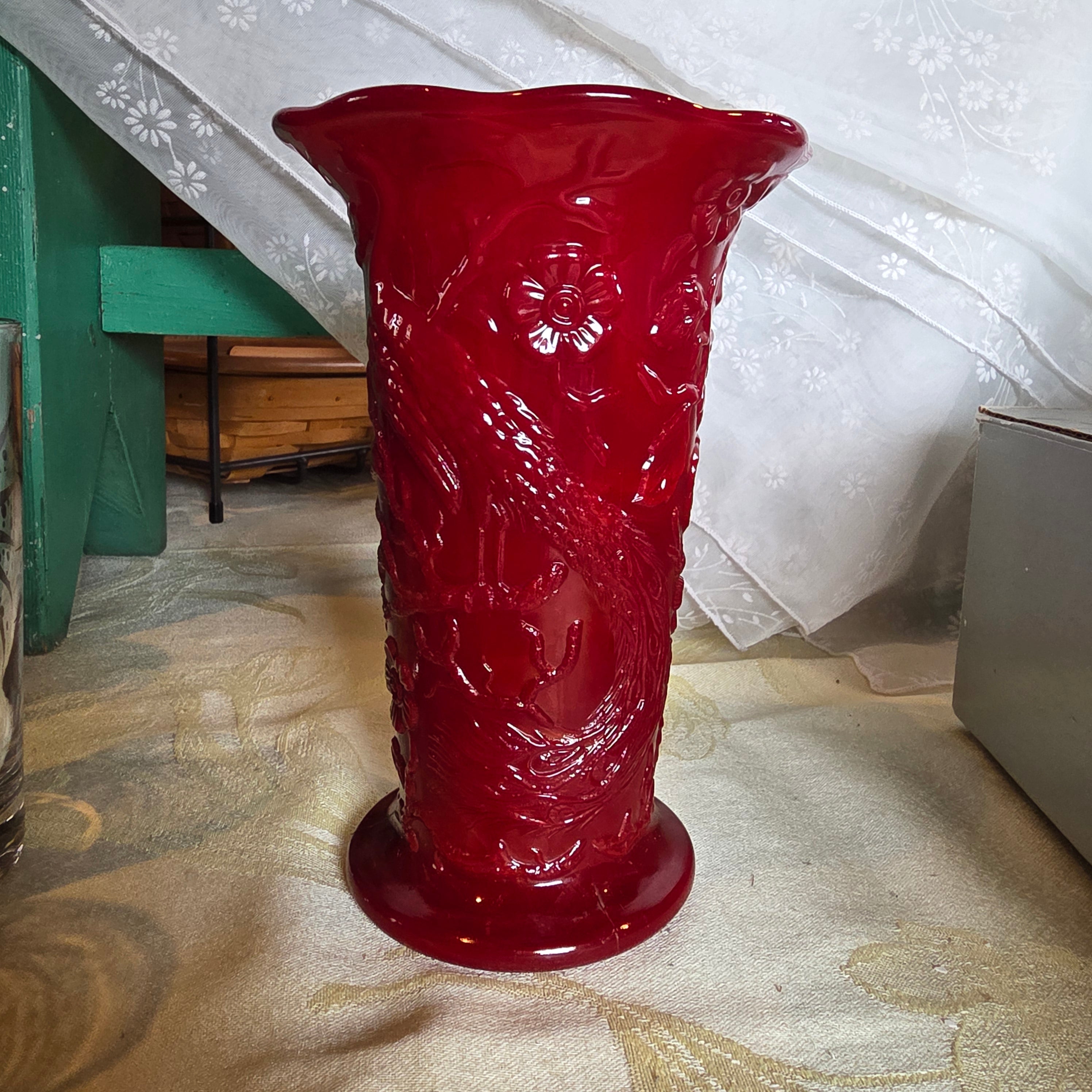 Vintage 1930s Fenton Mandarin Red Slag Glass Peacock Vase - Rare Art Glass Decor