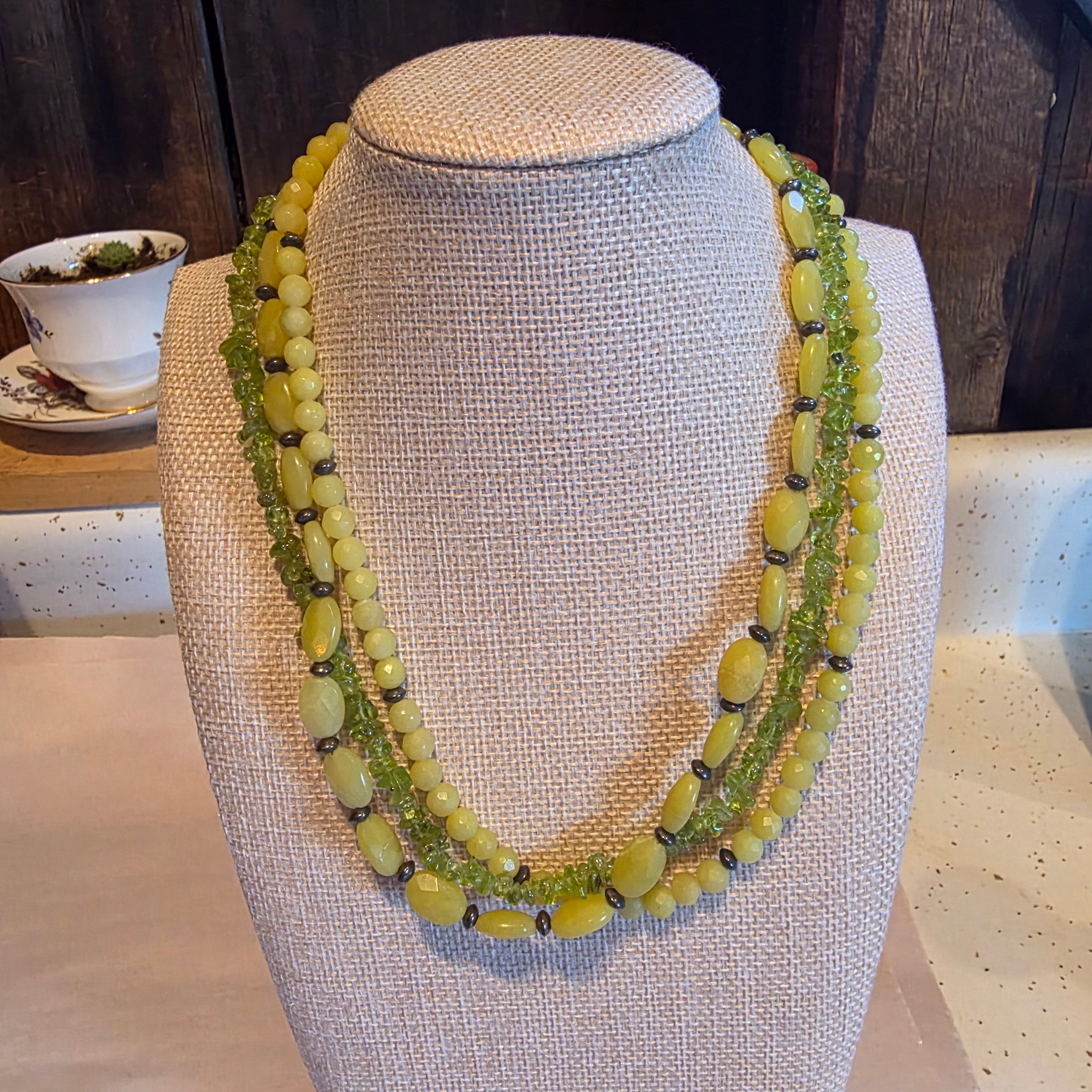 Peridot, yellow green serpentine necklace