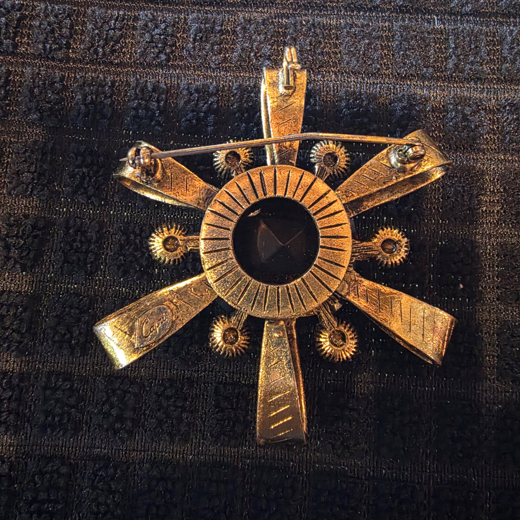VTG Signed CAPRI Maltese Cross Brooch Pin Large Brown Cognac Glass Green Rhinestone
