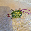 Vintage Gold Tone Green Enamel Turtle Brooch Pin with Red Rhinestone Eyes