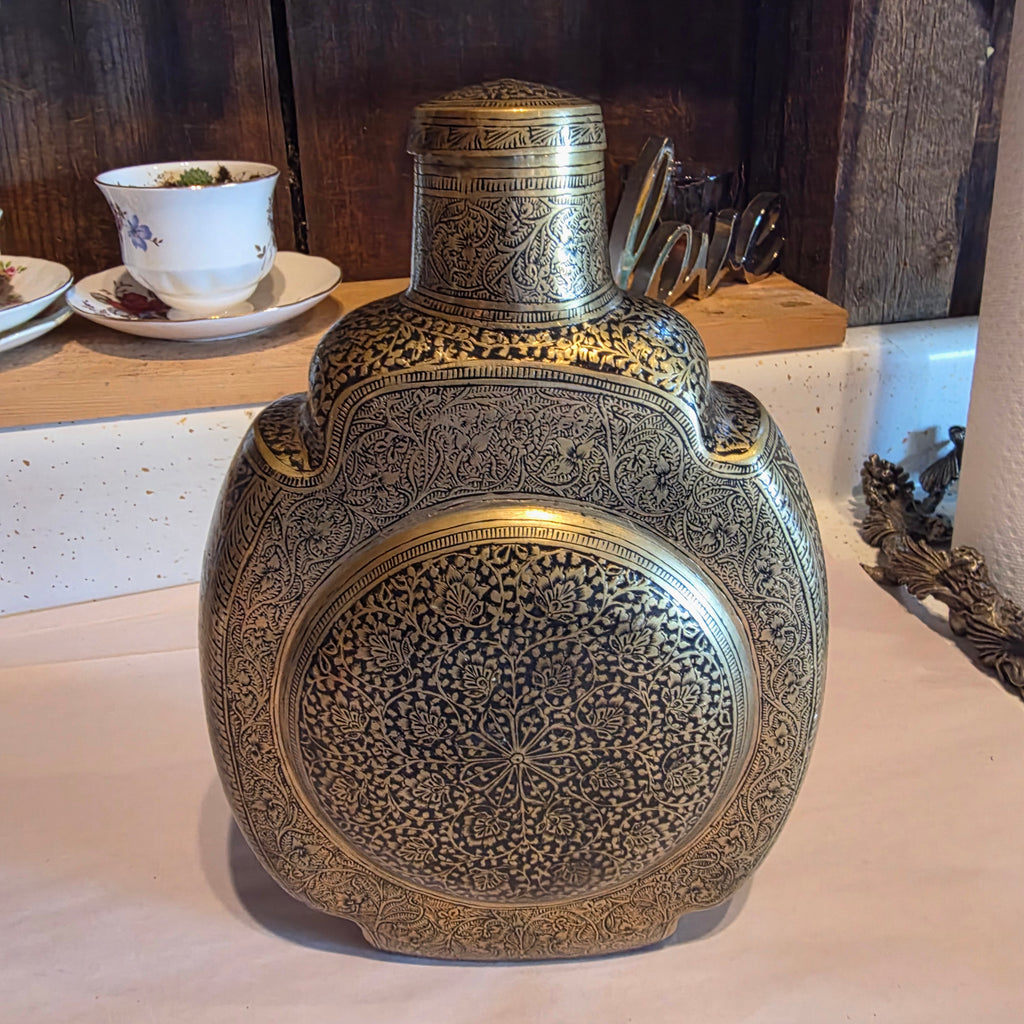 Antique 19thC Mughal Indo Persian Brass Pilgrim Flask Canteen Hand Cut Screw Top