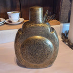 Antique 19thC Mughal Indo Persian Brass Pilgrim Flask Canteen Hand Cut Screw Top