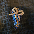 Vintage Signed Ballou Gold Tone Sapphire Blue Marquise Rhinestone Bow Brooch Pin