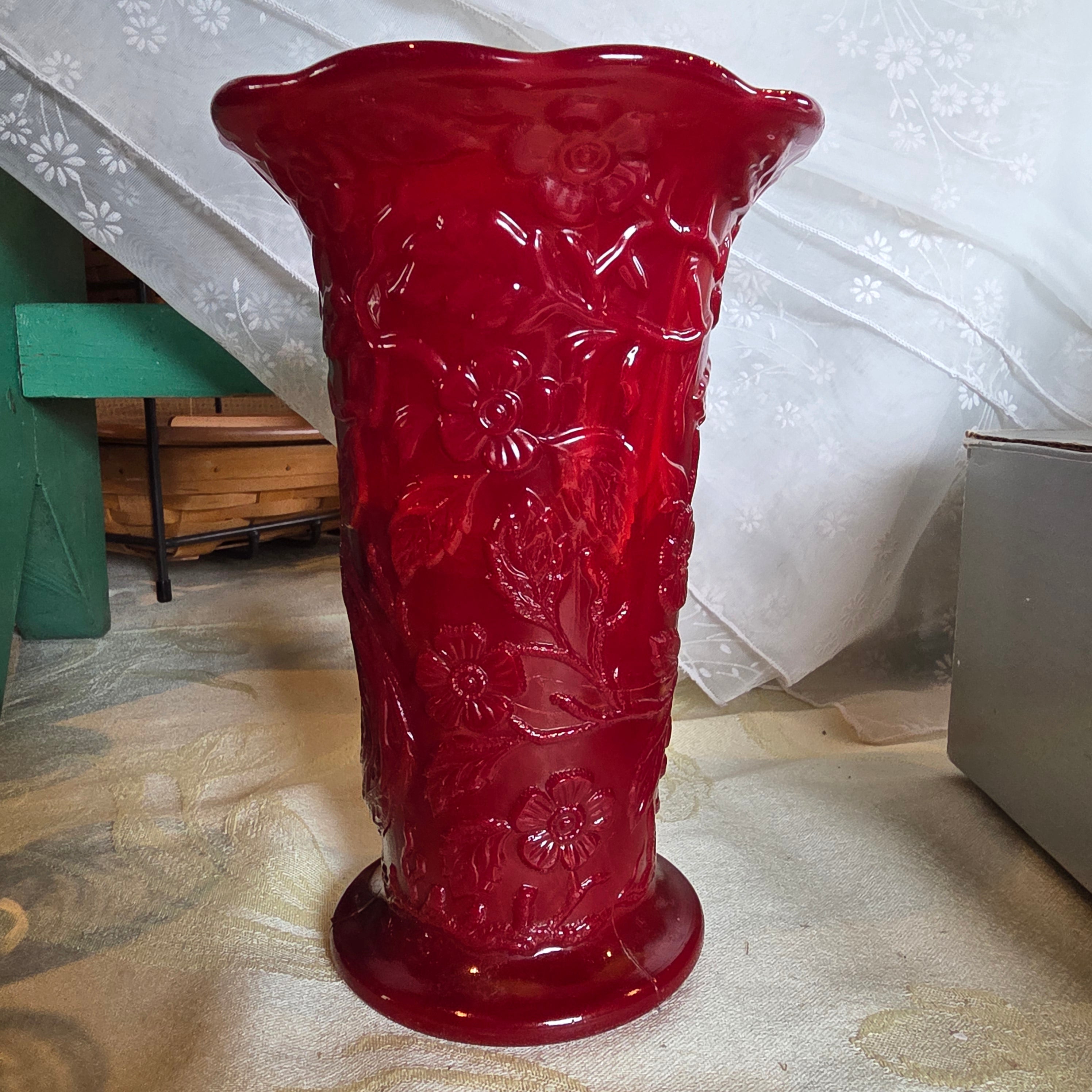 Vintage 1930s Fenton Mandarin Red Slag Glass Peacock Vase - Rare Art Glass Decor