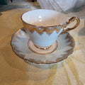 Vintage Regency Bone China cup & saucer gold filigree lace, light blue England