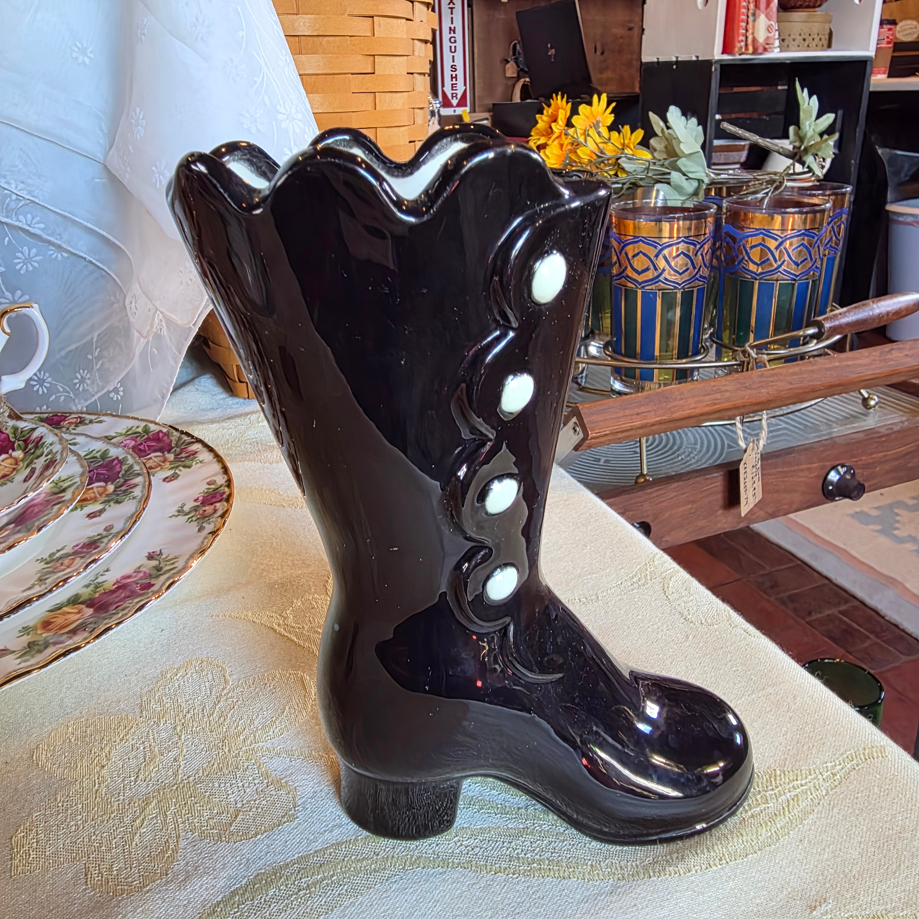Black ceramic shoe vase