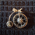 Vintage Silver Tone Rhinestone Penny Farthing Bicycle Brooch Pin Spinning Wheel