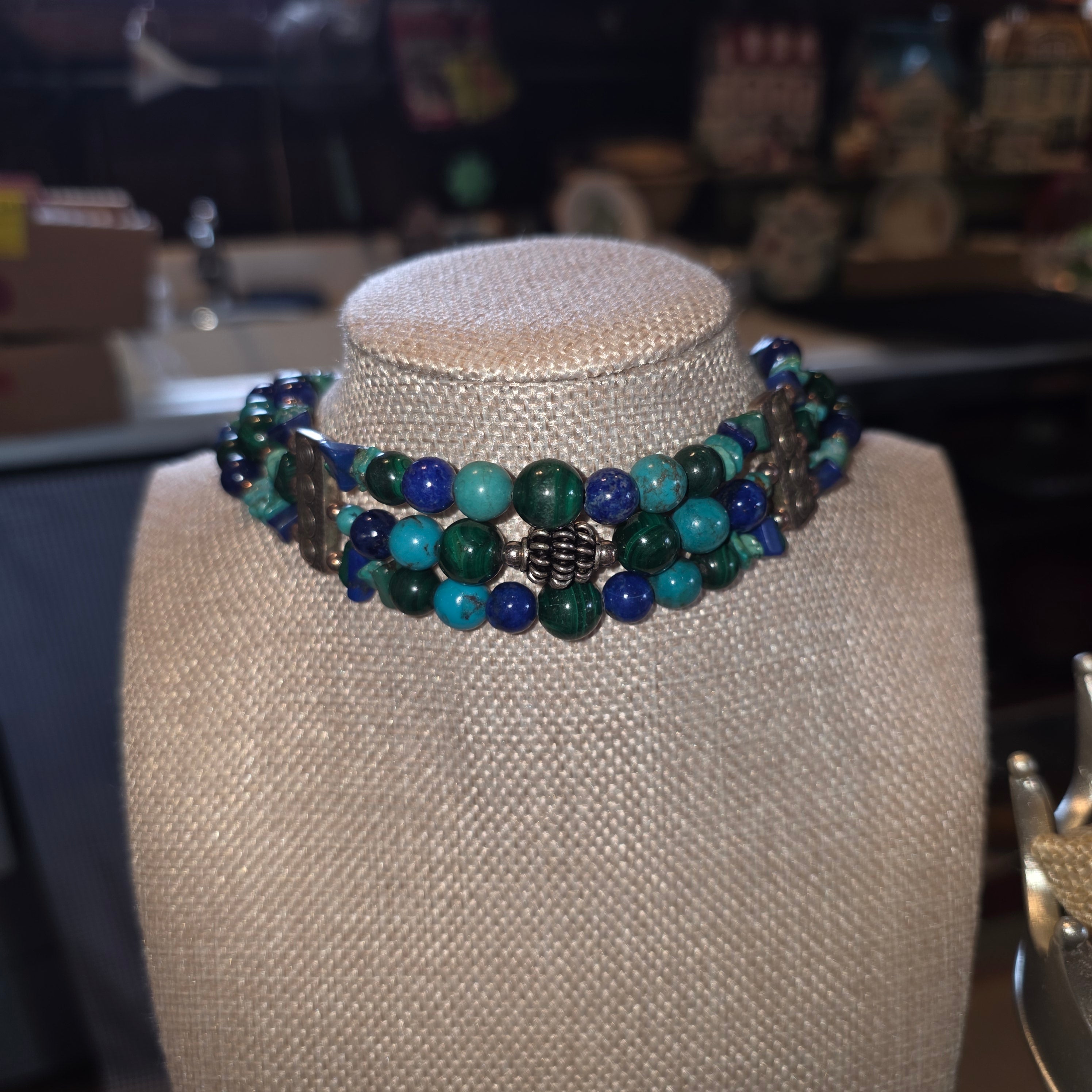 Sterling,  turquoise, Malachite, Lapis Lazuli choker