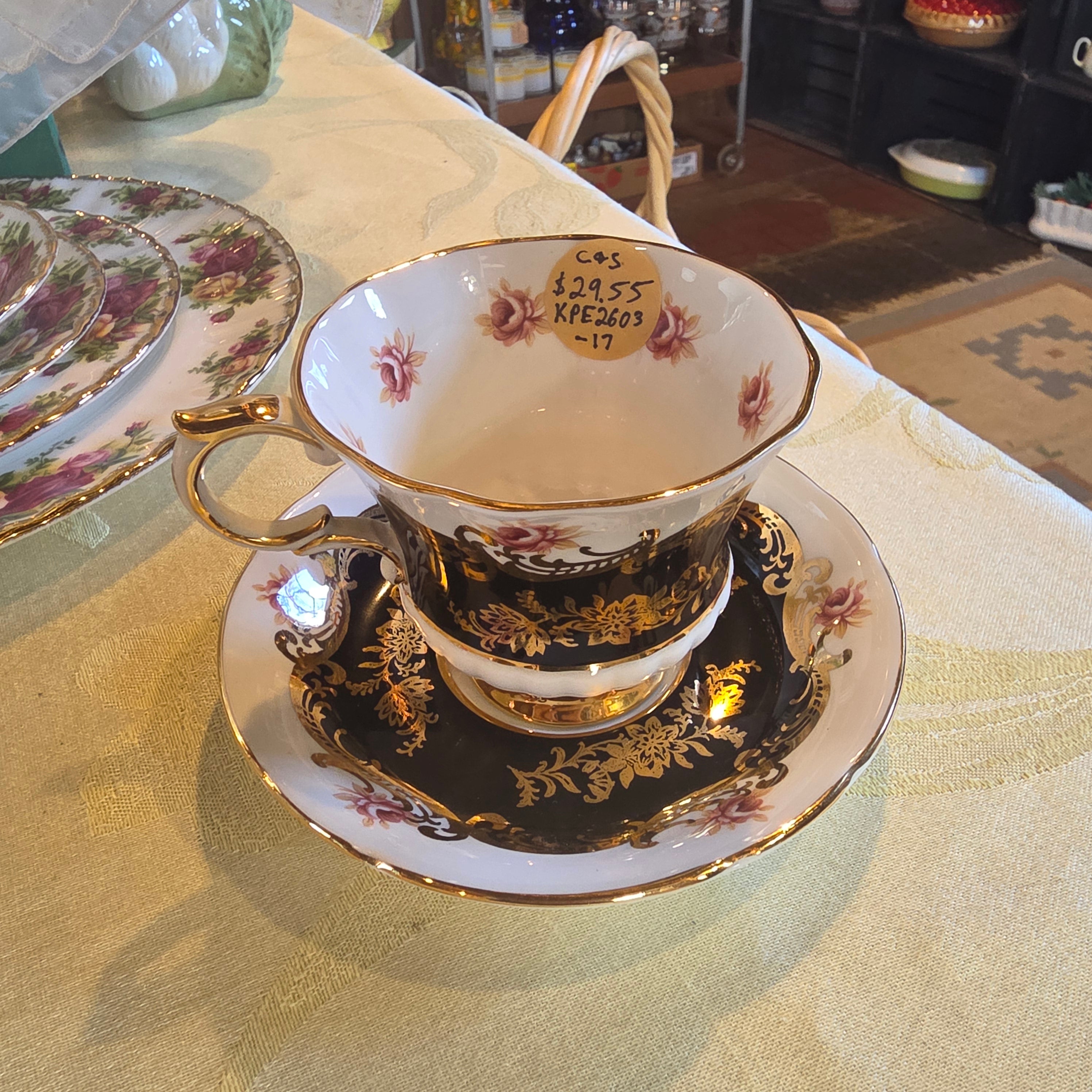 Paragon Pembroke F Black & Gold Cup and Saucer – Pink Floral Center, Vintage Bone China England, Heavy Gilt