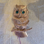 Vintage Signed Napier Articulated Owl Brooch - 1970s Gold Tone with Green Rhinestone Eyes