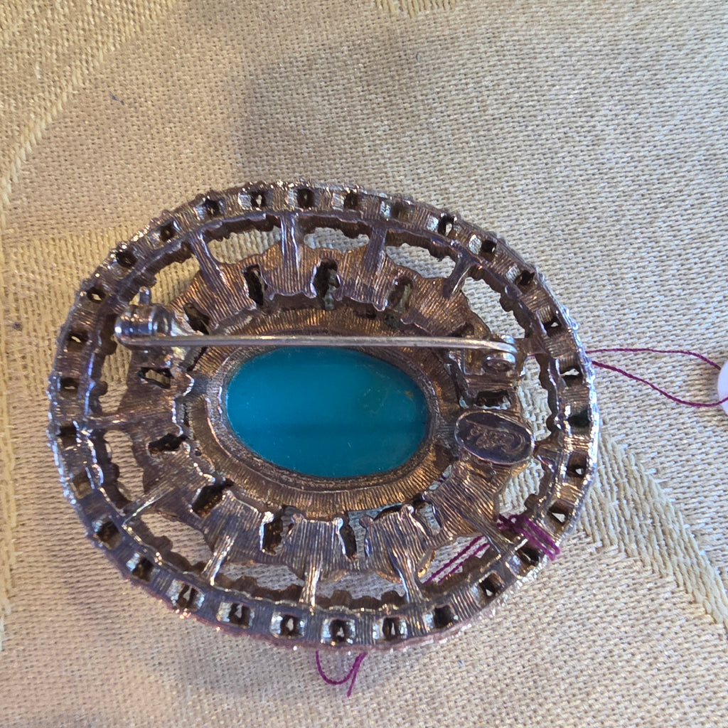 Vintage Faux Turquoise & Blue Rhinestone Gold Filigree Brooch