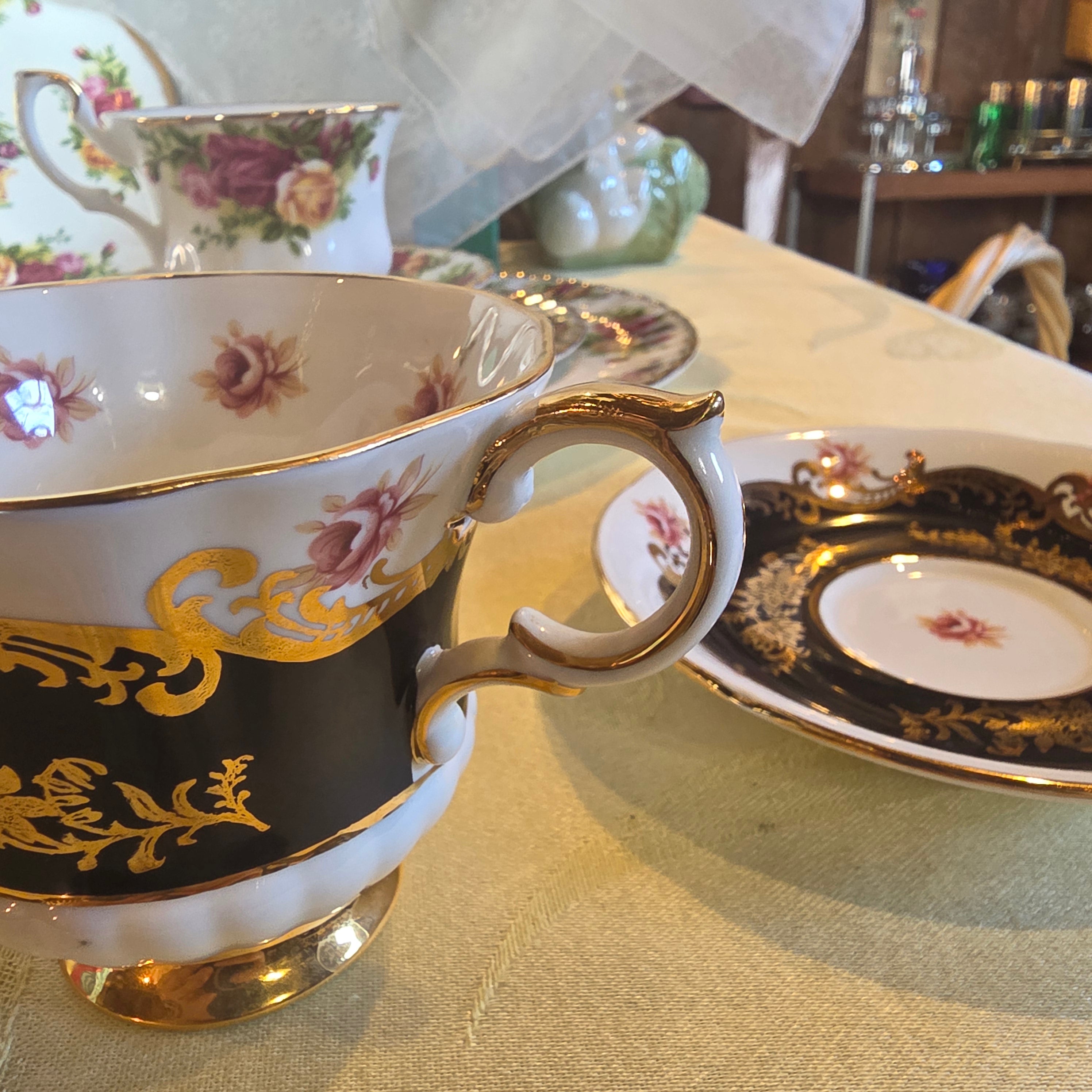 Paragon Pembroke F Black & Gold Cup and Saucer – Pink Floral Center, Vintage Bone China England, Heavy Gilt
