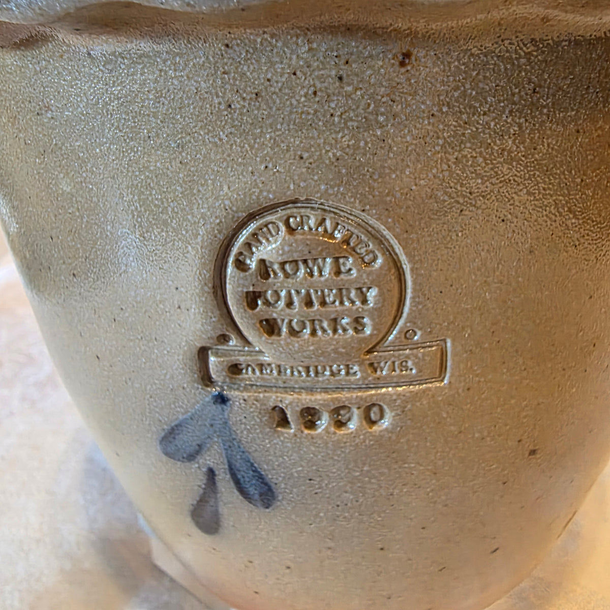 Rowe Pottery Works Salt Glaze Planter Flower Pot Vintage Stoneware Blue Floral