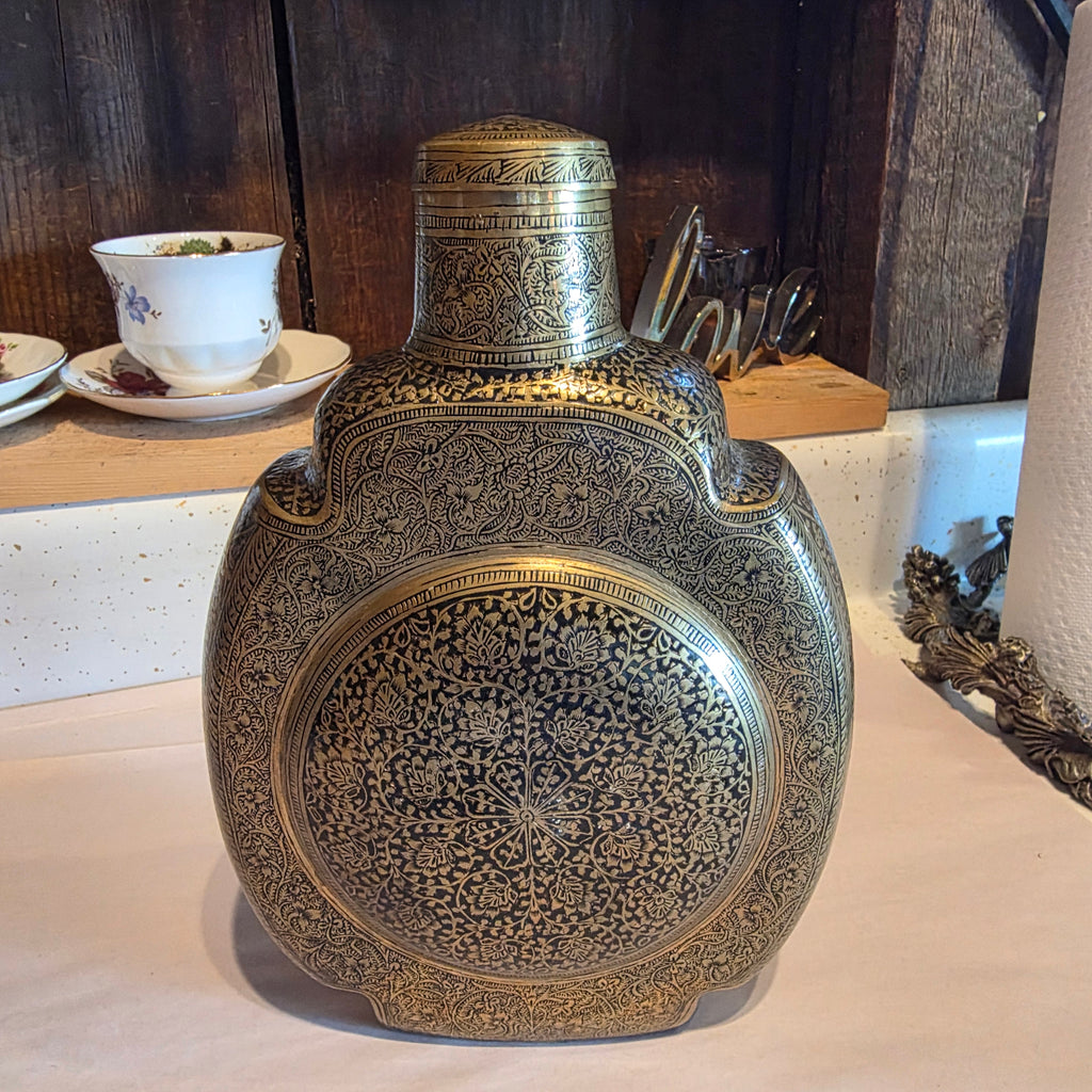 Antique 19thC Mughal Indo Persian Brass Pilgrim Flask Canteen Hand Cut Screw Top