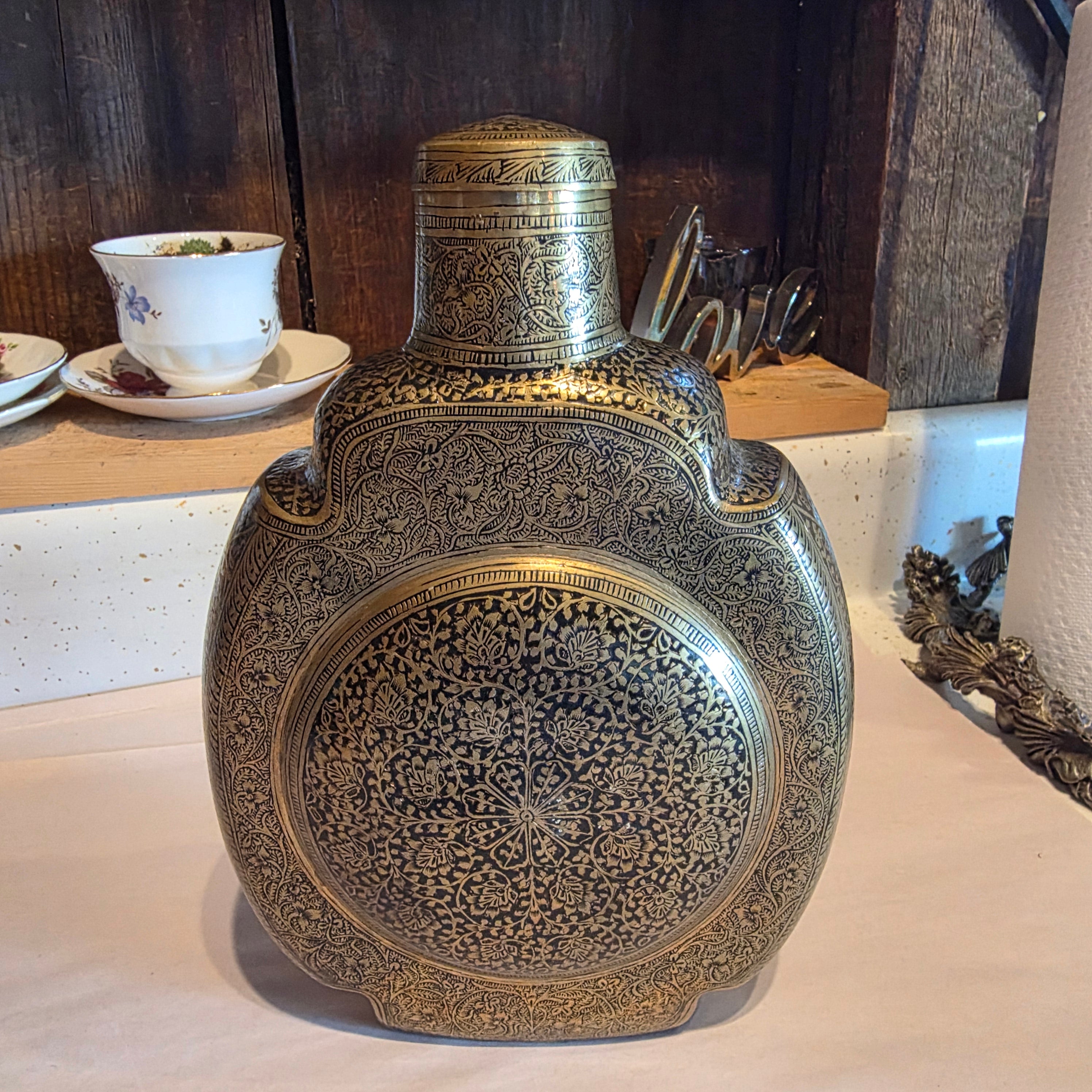 Antique 19thC Mughal Indo Persian Brass Pilgrim Flask Canteen Hand Cut Screw Top