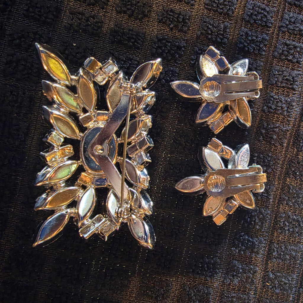 Vintage Judy Lee(?) Blue Rhinestone Brooch Earring Set Mid Century Marquise Jewelry