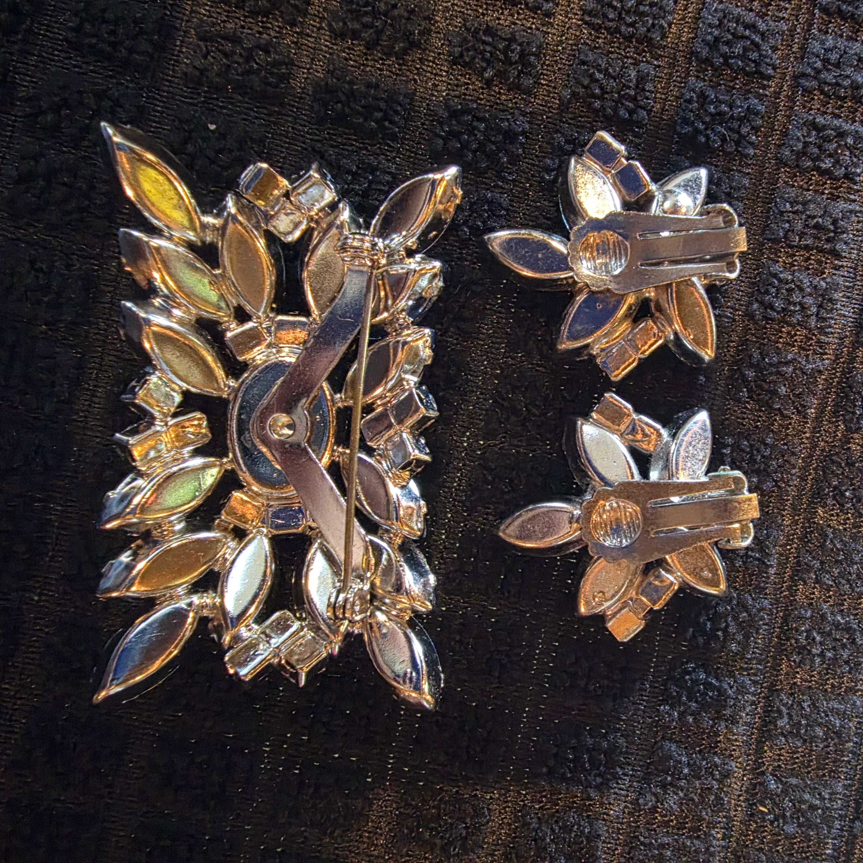 Vintage Judy Lee(?) Blue Rhinestone Brooch Earring Set Mid Century Marquise Jewelry