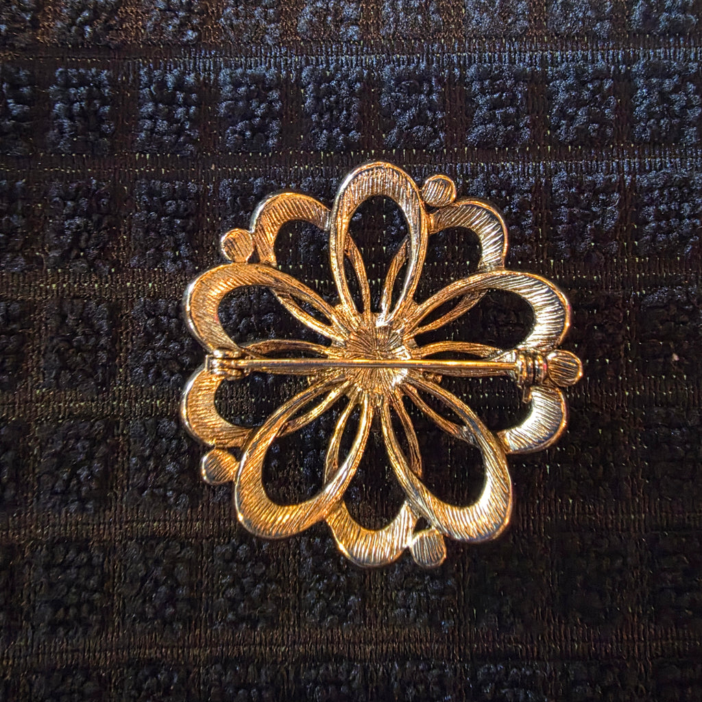 Vintage Gold Tone Flower Brooch Purple Cabochon Openwork Floral Pin Whimsical