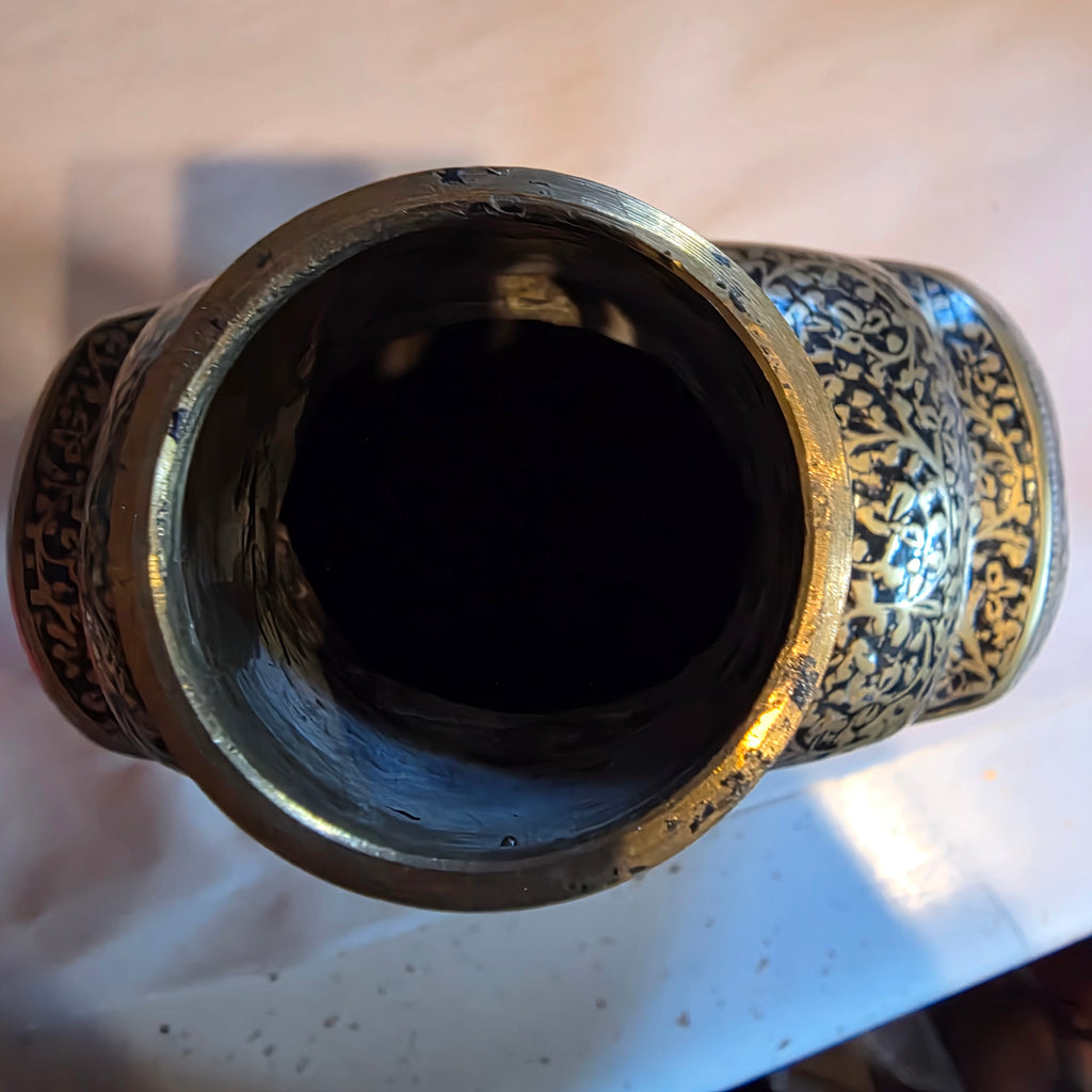 Antique 19thC Mughal Indo Persian Brass Pilgrim Flask Canteen Hand Cut Screw Top