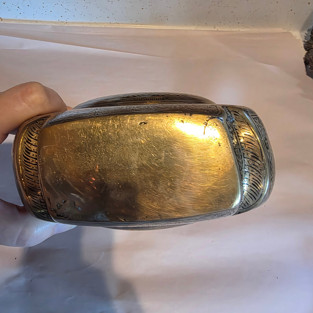 Antique 19thC Mughal Indo Persian Brass Pilgrim Flask Canteen Hand Cut Screw Top