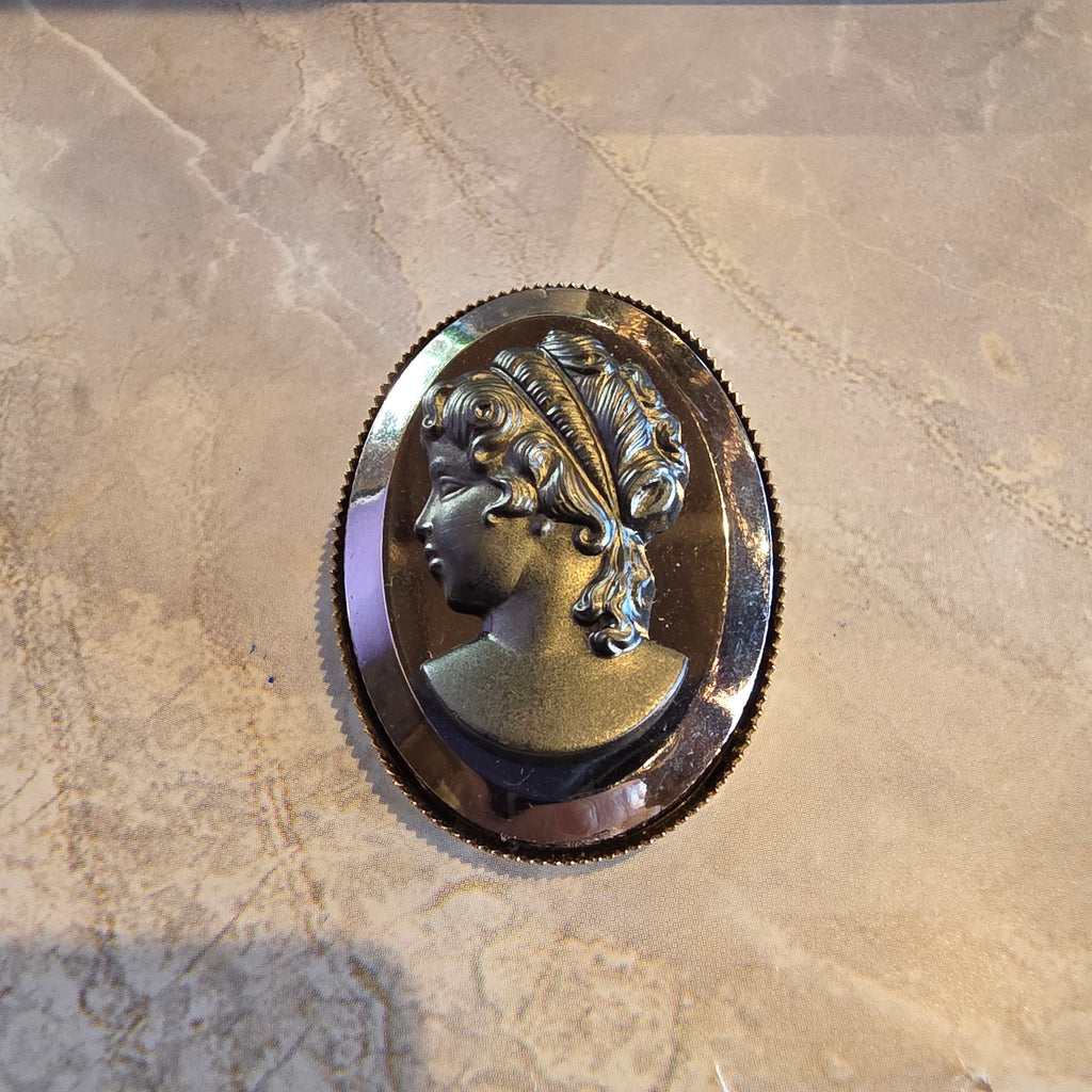 Vintage Hematite-Glass Cameo Brooch | Victorian Revival Style