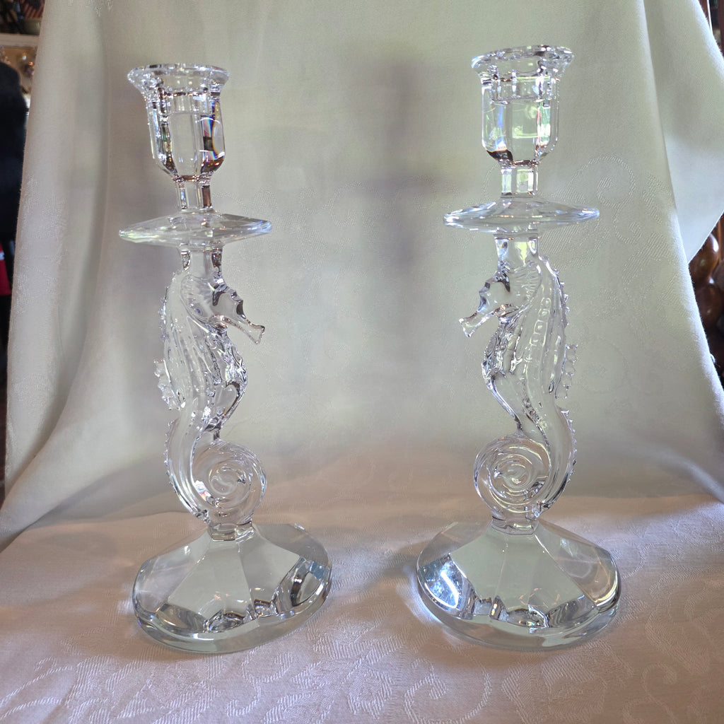 Waterford Crystal Seahorse Candlestick Holders 11.5" Pair Oceania Figural Signed