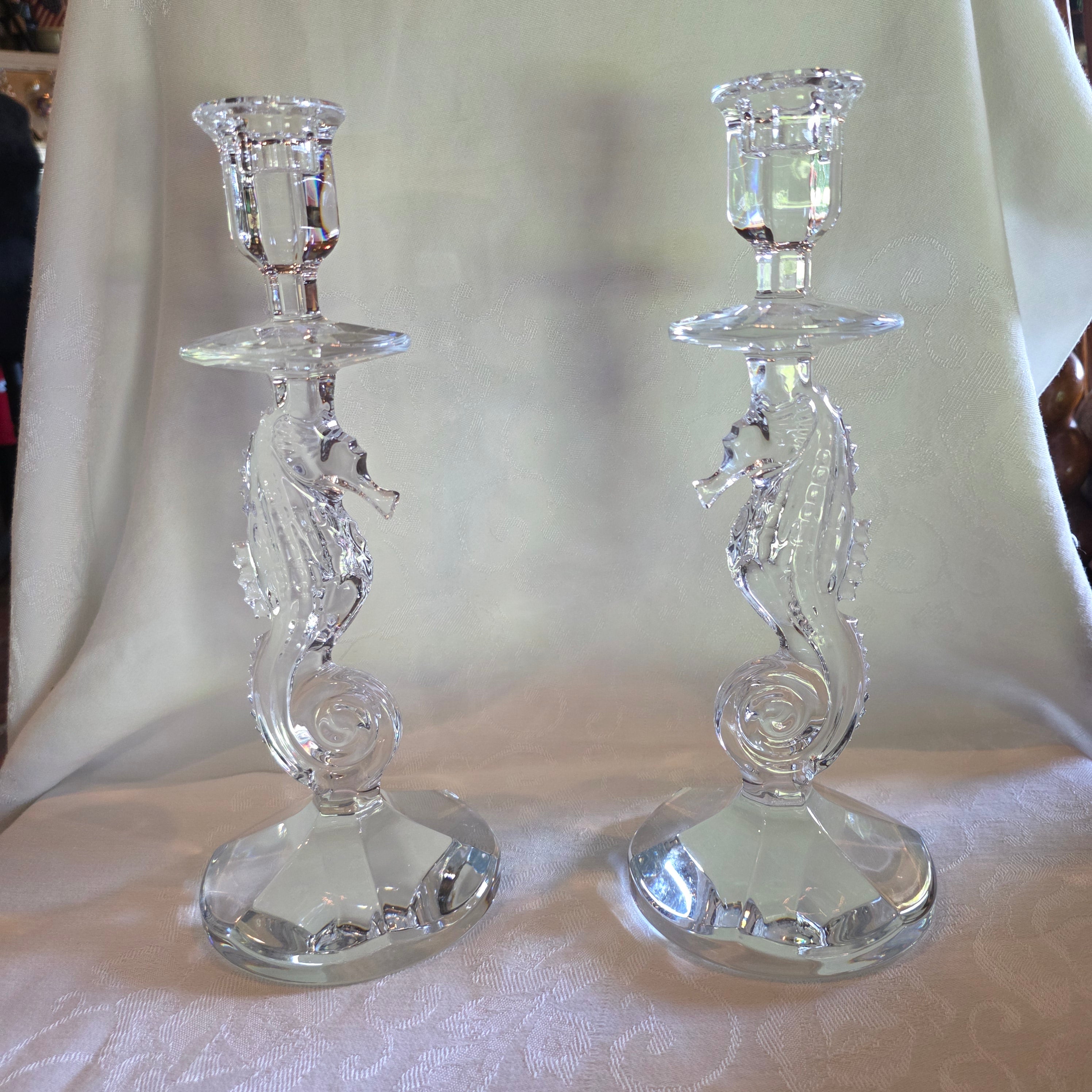 Waterford Crystal Seahorse Candlestick Holders 11.5" Pair Oceania Figural Signed