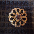 Vintage Gold Tone Flower Brooch Purple Cabochon Openwork Floral Pin Whimsical