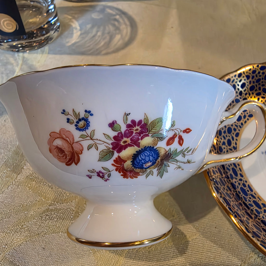 Vtg. Aynsley English Bone China cup & saucer - cobalt blue & heavy gold gilt filigree- floral interior