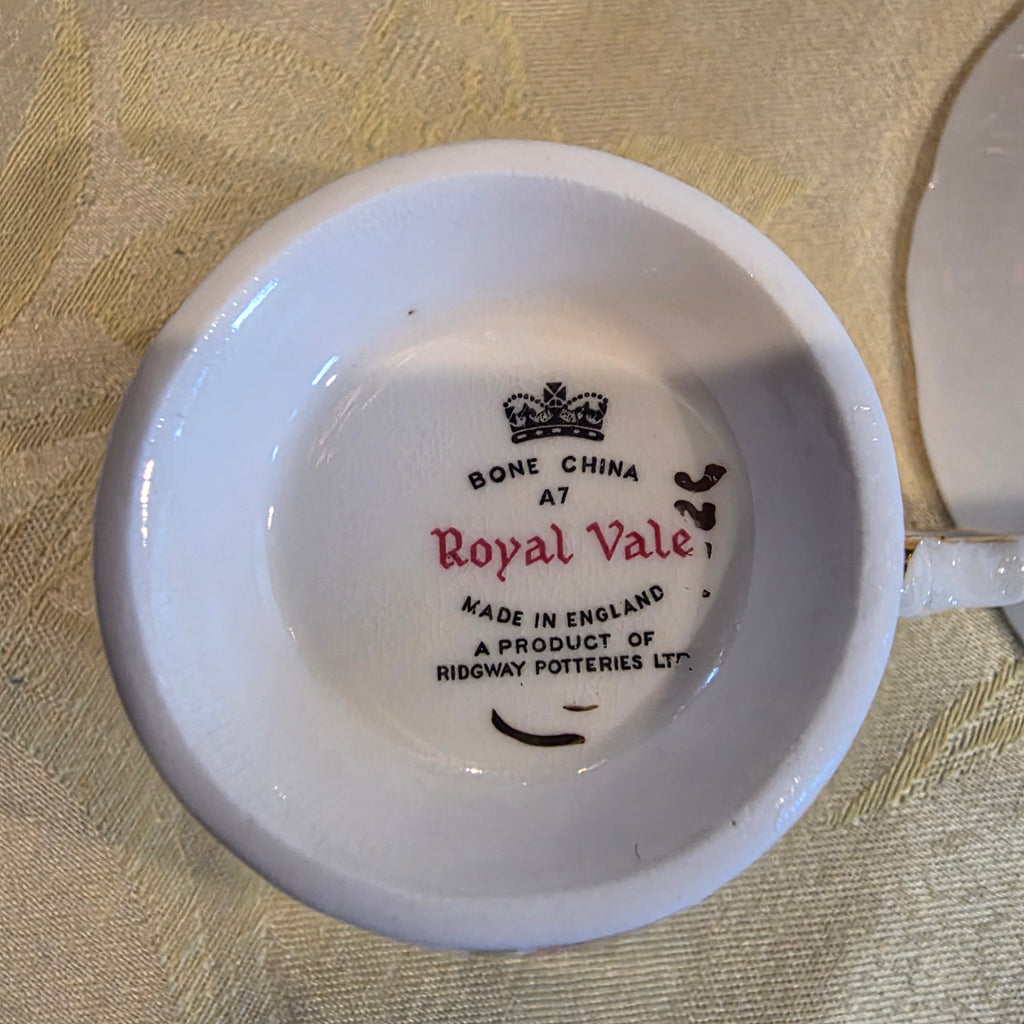 Vtg. Royal Vale Bone China cup & saucer blue rose and fuschia #7871