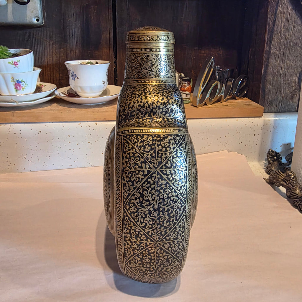 Antique 19thC Mughal Indo Persian Brass Pilgrim Flask Canteen Hand Cut Screw Top