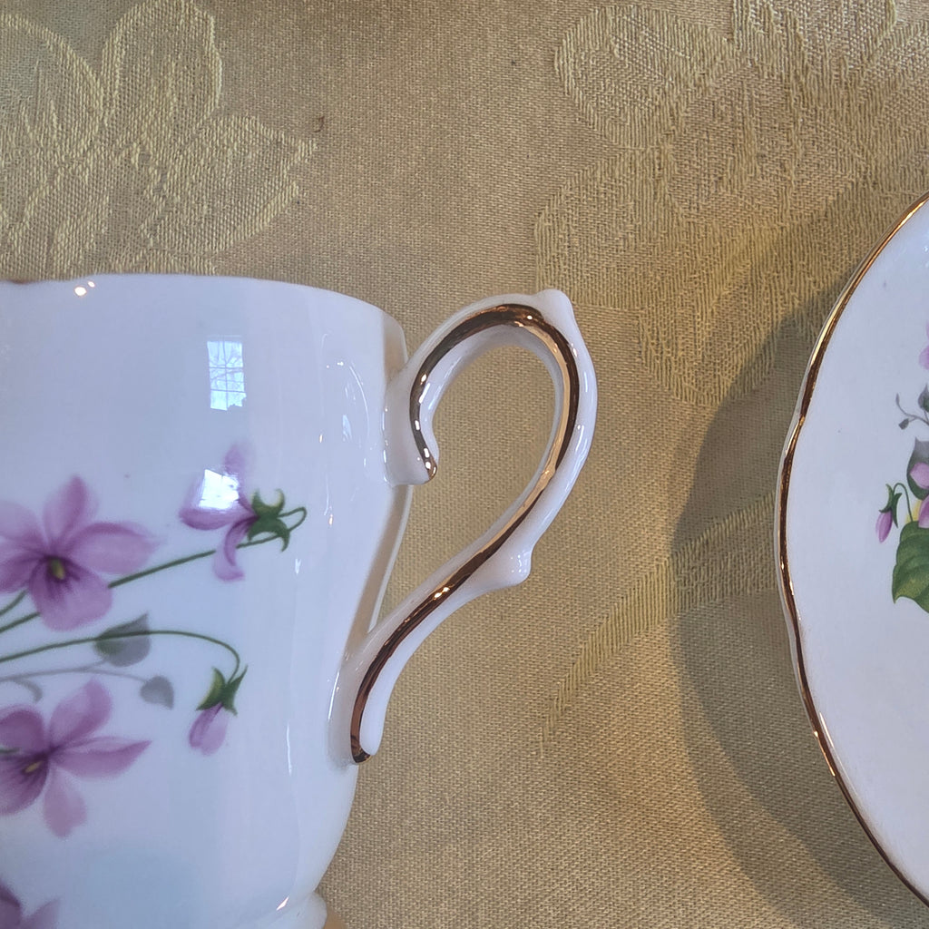 Vintage Royal Sutherland Bone China Teacup & Saucer Set | Staffordshire England Purple Violets Floral Gold Trim