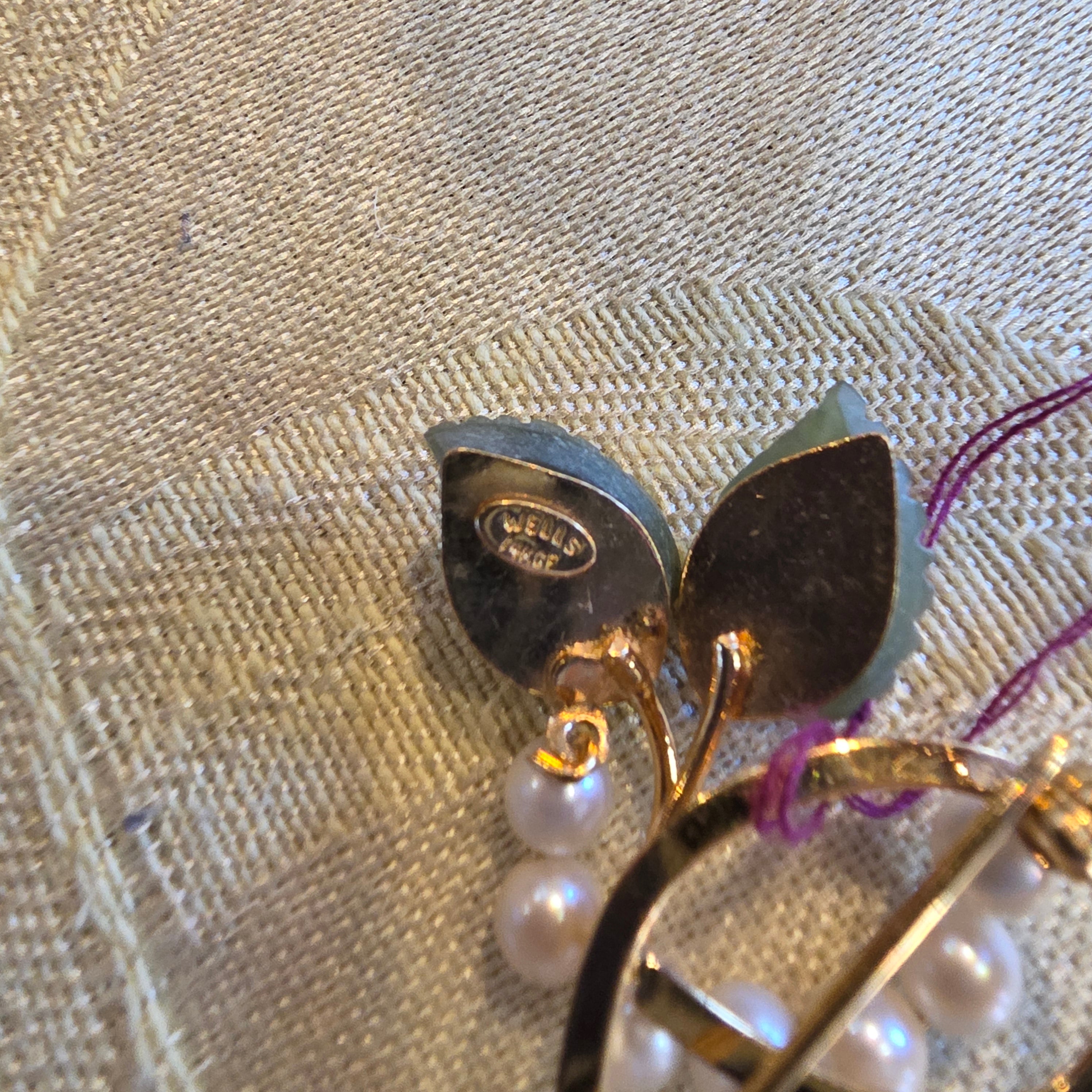 Vintage Mid-Century Modern Jade and Pearl Brooch - 14K Gold Filled Leaf Pin