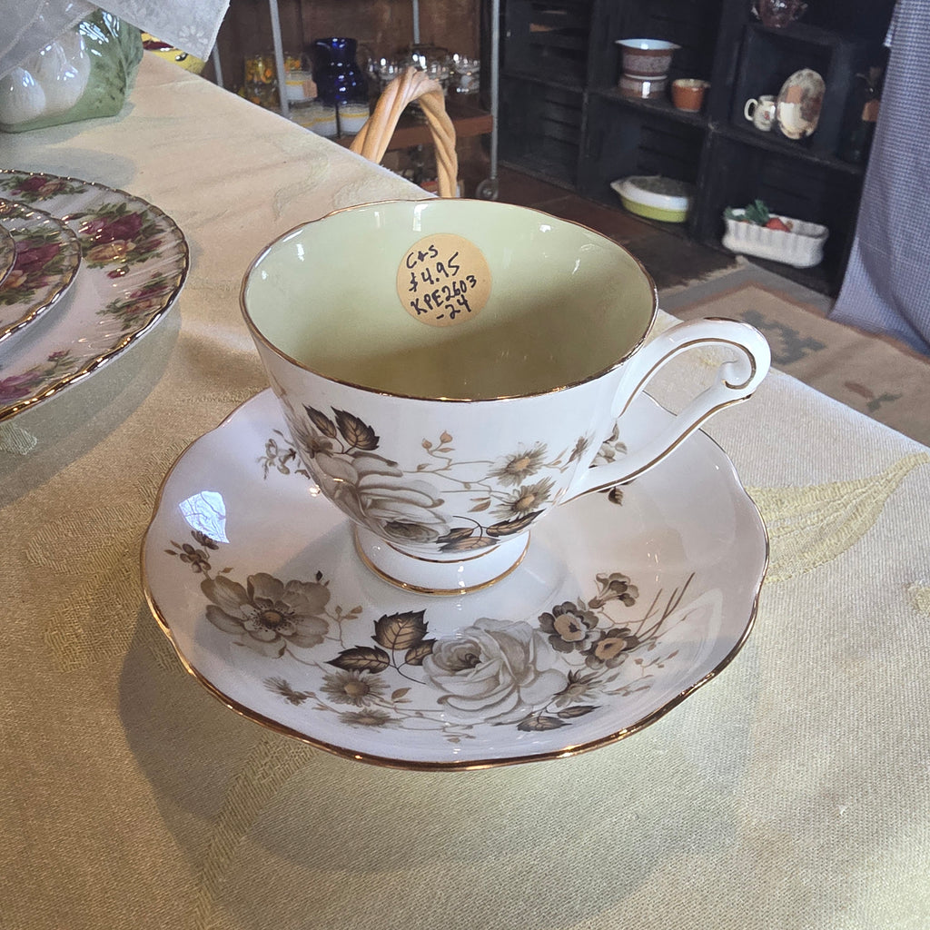 Vintage Queen Anne "Terra Nova" Bone China Teacup & Saucer Set, Brown Floral Transferware