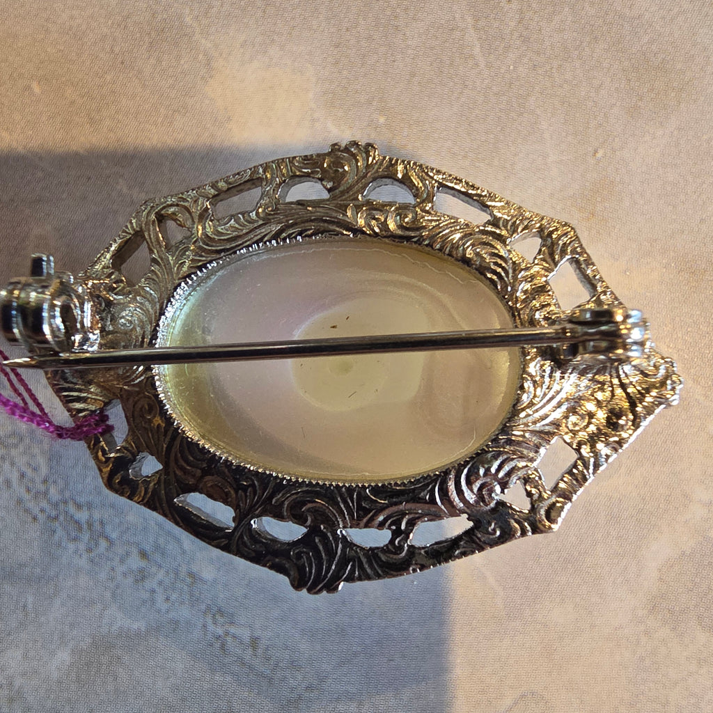 Ornate Vintage Gold-Tone Faux Pearl Oval Brooch