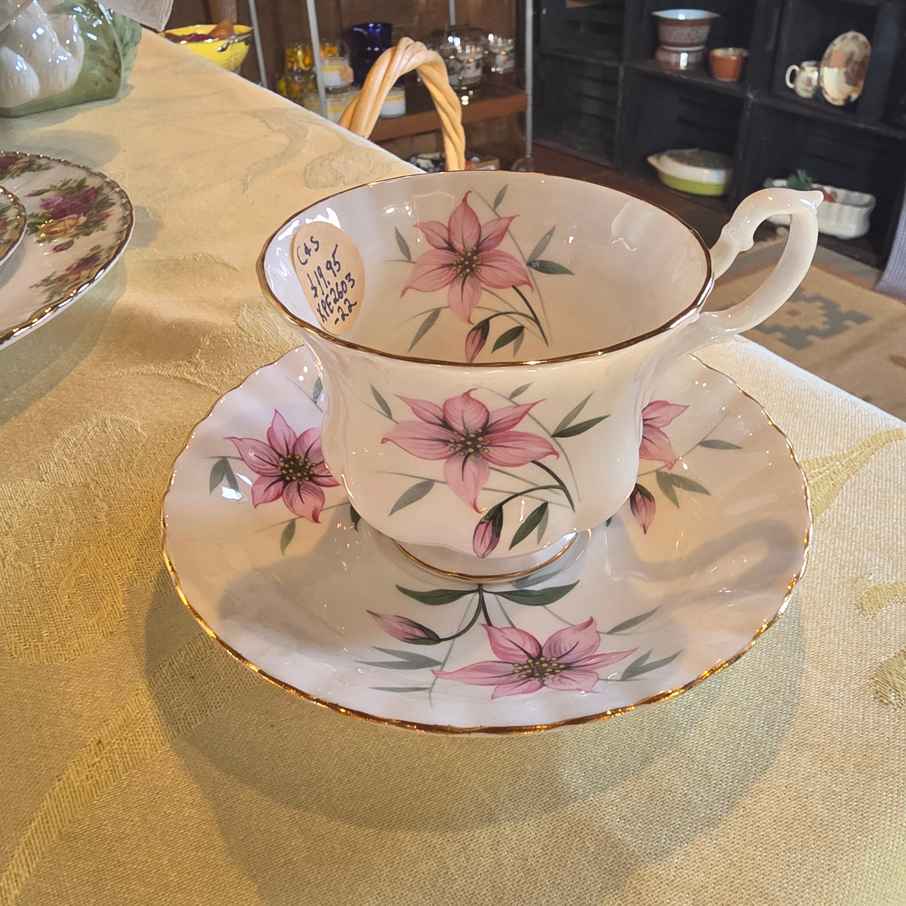 Vintage Royal Albert Bone China "Clematis" Pink Floral Footed Teacup & Saucer Set, England
