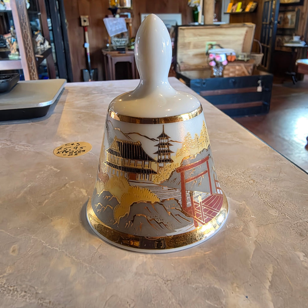 Kiyomasa Japan Porcelain Bell | Vintage Gold Trim Temple Scene